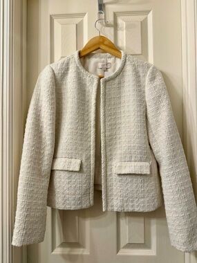 Ann Taylor Ivory Collarless Textured Tweed Jacket